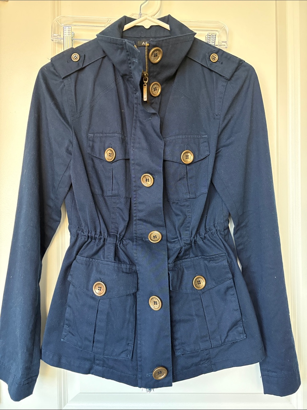Women's Navy Utility Jacket with Button Front and Gathered Waist
